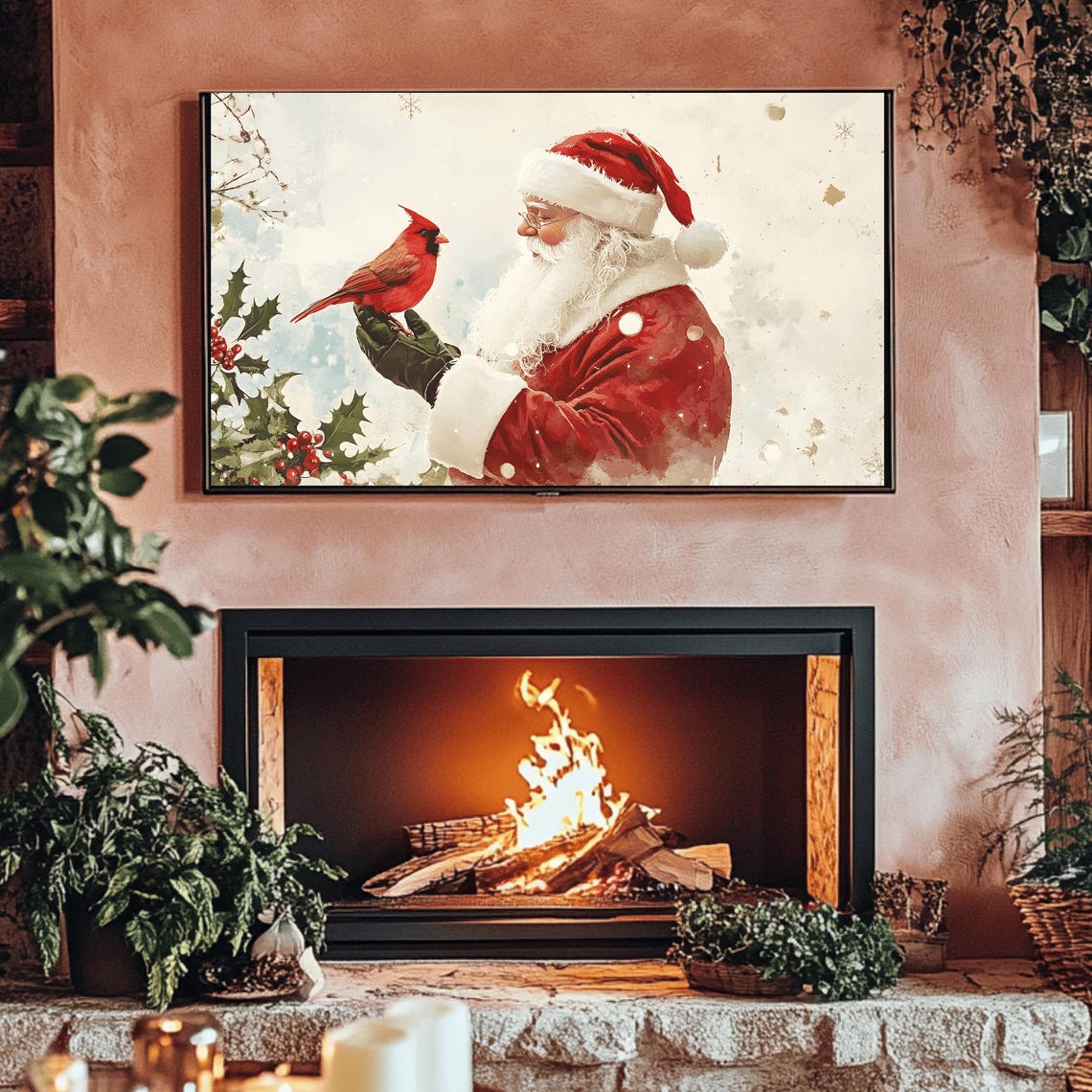 Santa Claus with Cardinal in Falling Snow Holly Sprigs Poster - Image 3