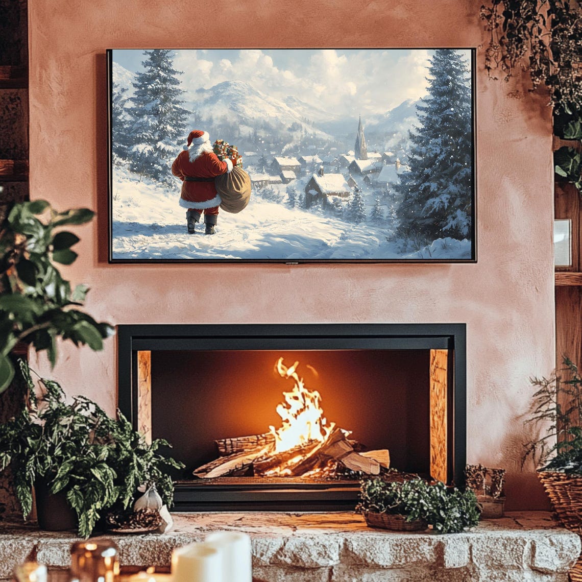 Santa Claus with Toy Sack Walking to Snowy Mountain Village Poster - Image 3
