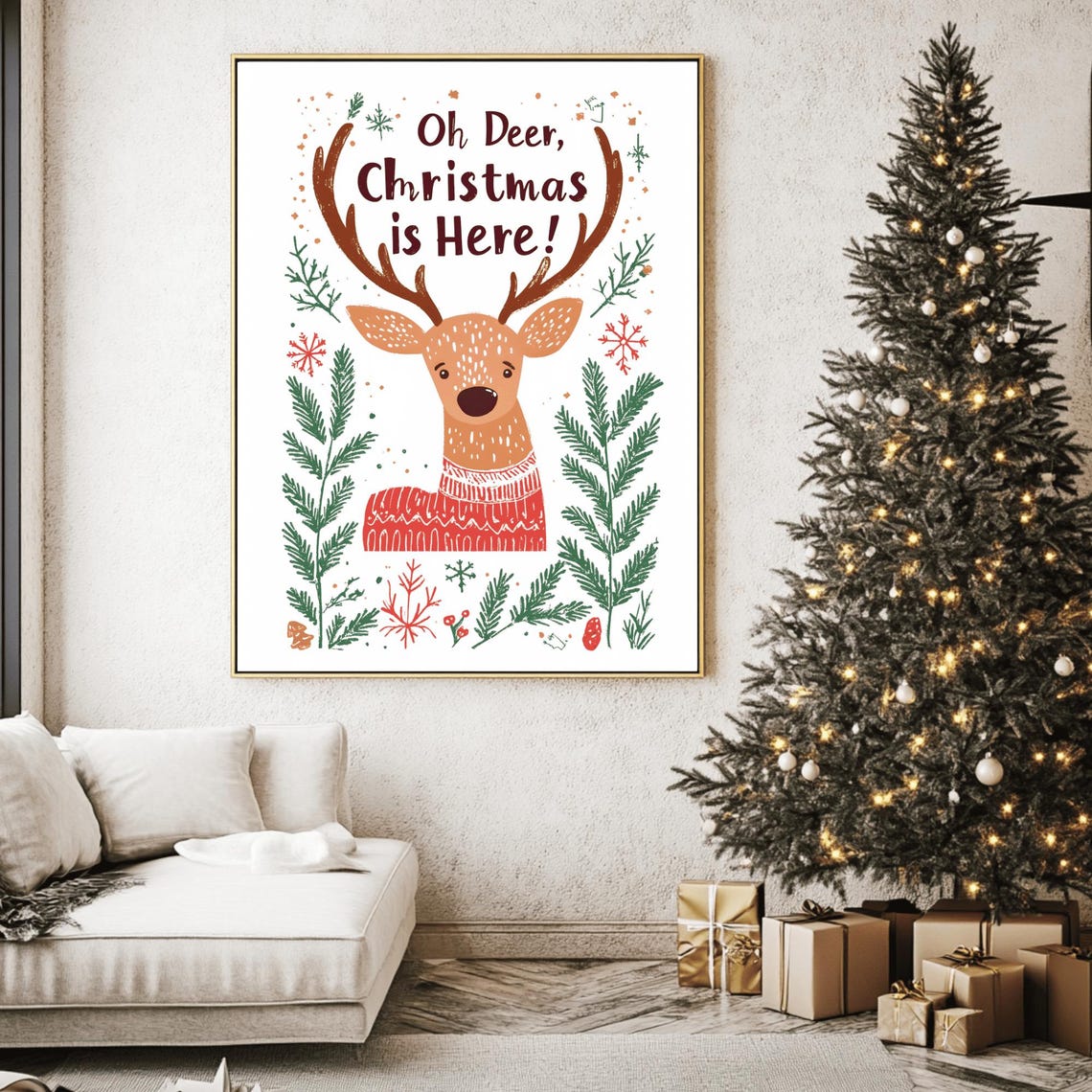 Oh Deer Christmas Is Here Festive Smiling Reindeer Sweater Poster - Image 2