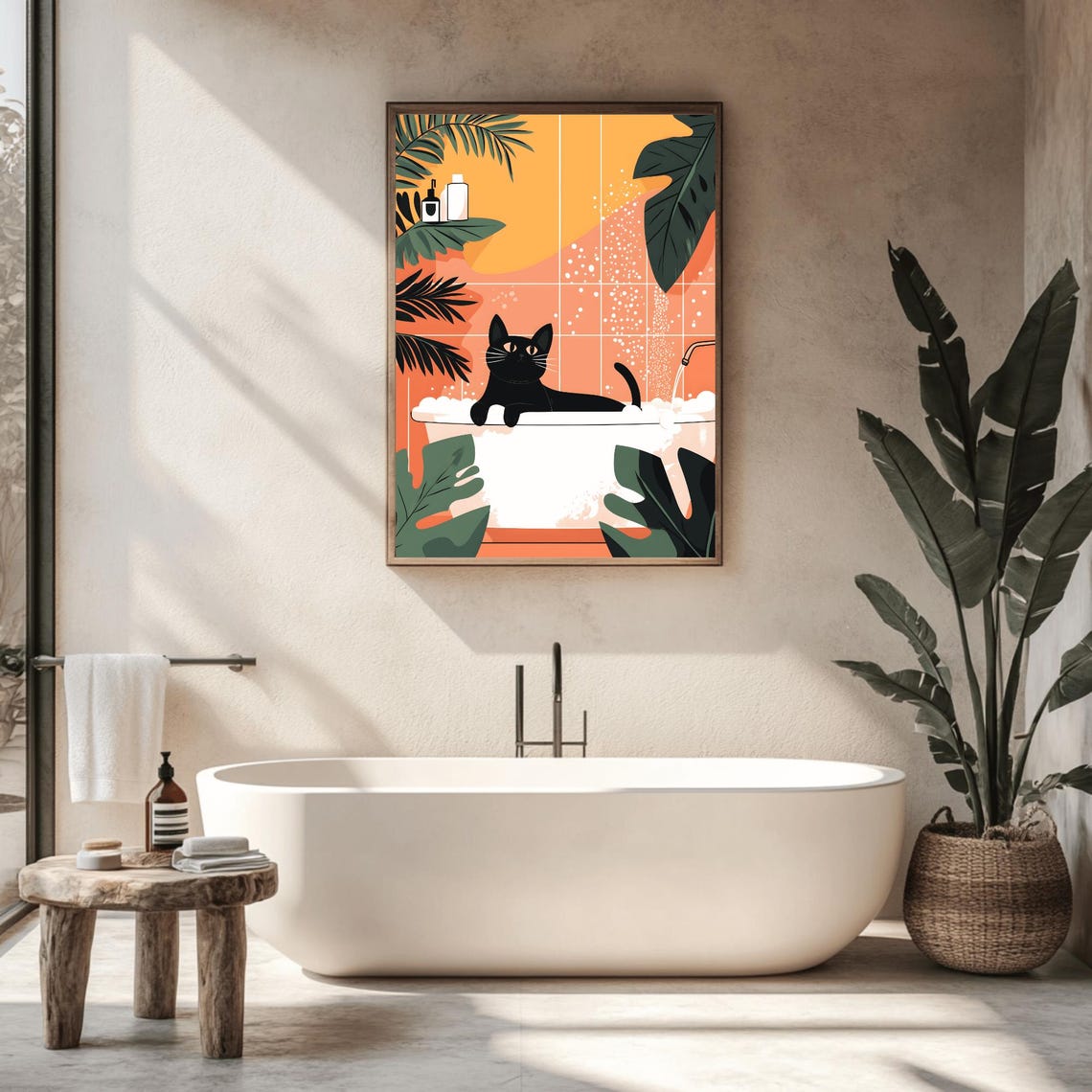 Black Cat Lounging in Bubble Bath Funny Tropical Bathroom Poster - Image 2