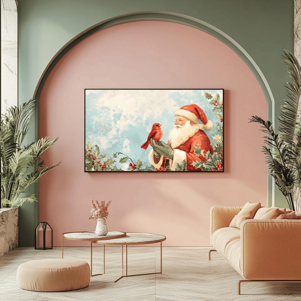 Santa Claus and Red Cardinal Among Holly Berries Painting Poster - Image 2