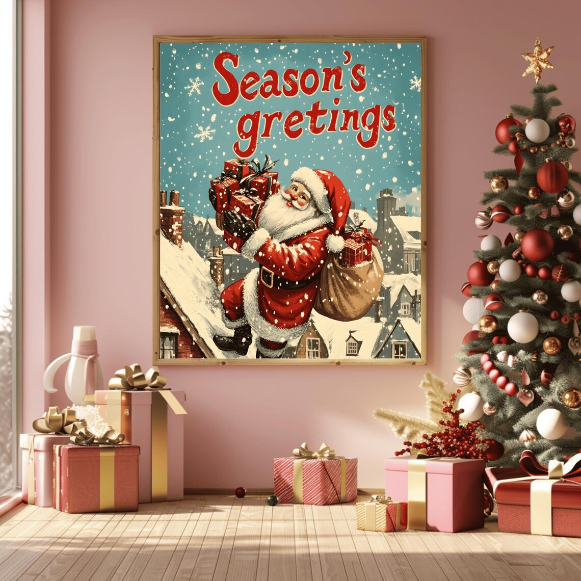 Bold Retro Santa on Rooftops with Season's Gretings Lettering Art Print - Image 3