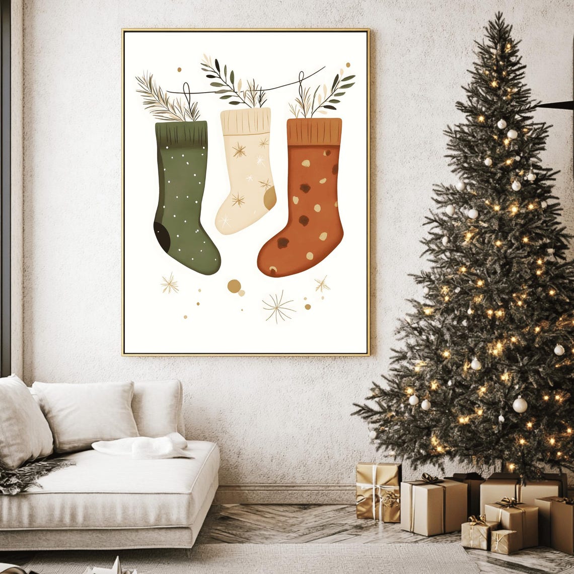 Three Hanging Christmas Stockings Sage Botanical Garland Poster - Image 2