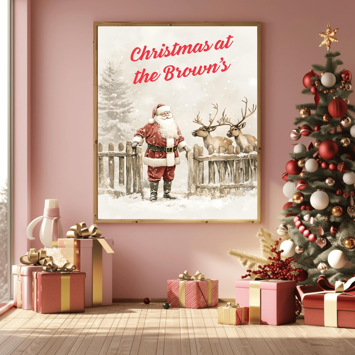 Warm Santa at a Snowy Gate with Reindeer Christmas at the Browns Poster - Image 3