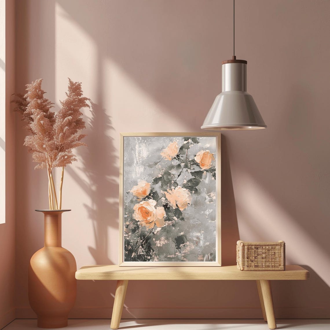 Peach Roses Impasto Oil Painting on Gray Modern Floral Poster - Image 2