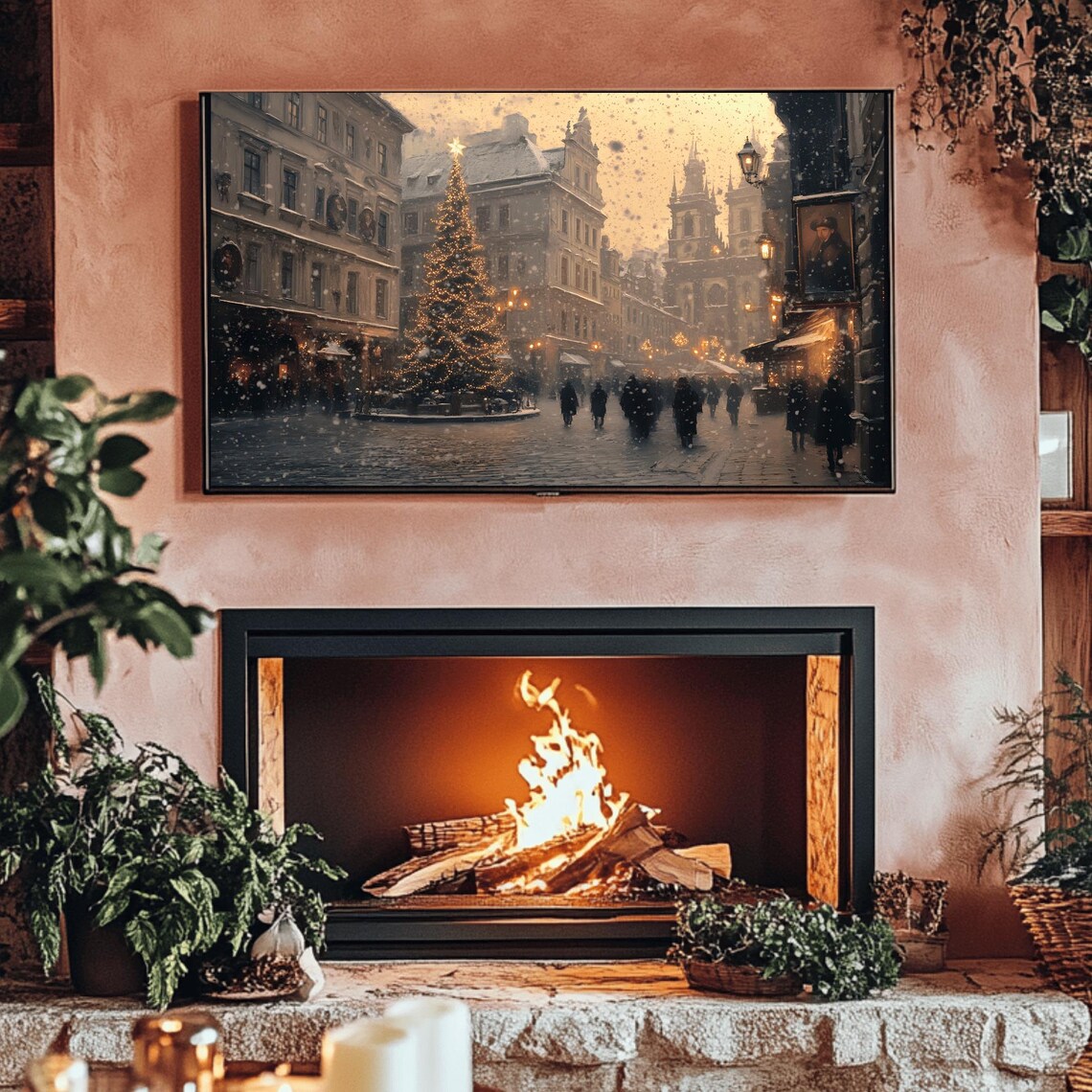 Snowy European Old Town Square With Lit Christmas Tree Poster - Image 3