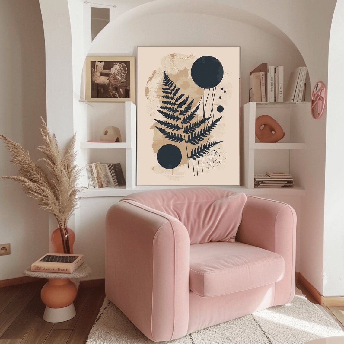 Beige Boho Fern Leaves with Dark Circles Botanical Art Poster - Image 2
