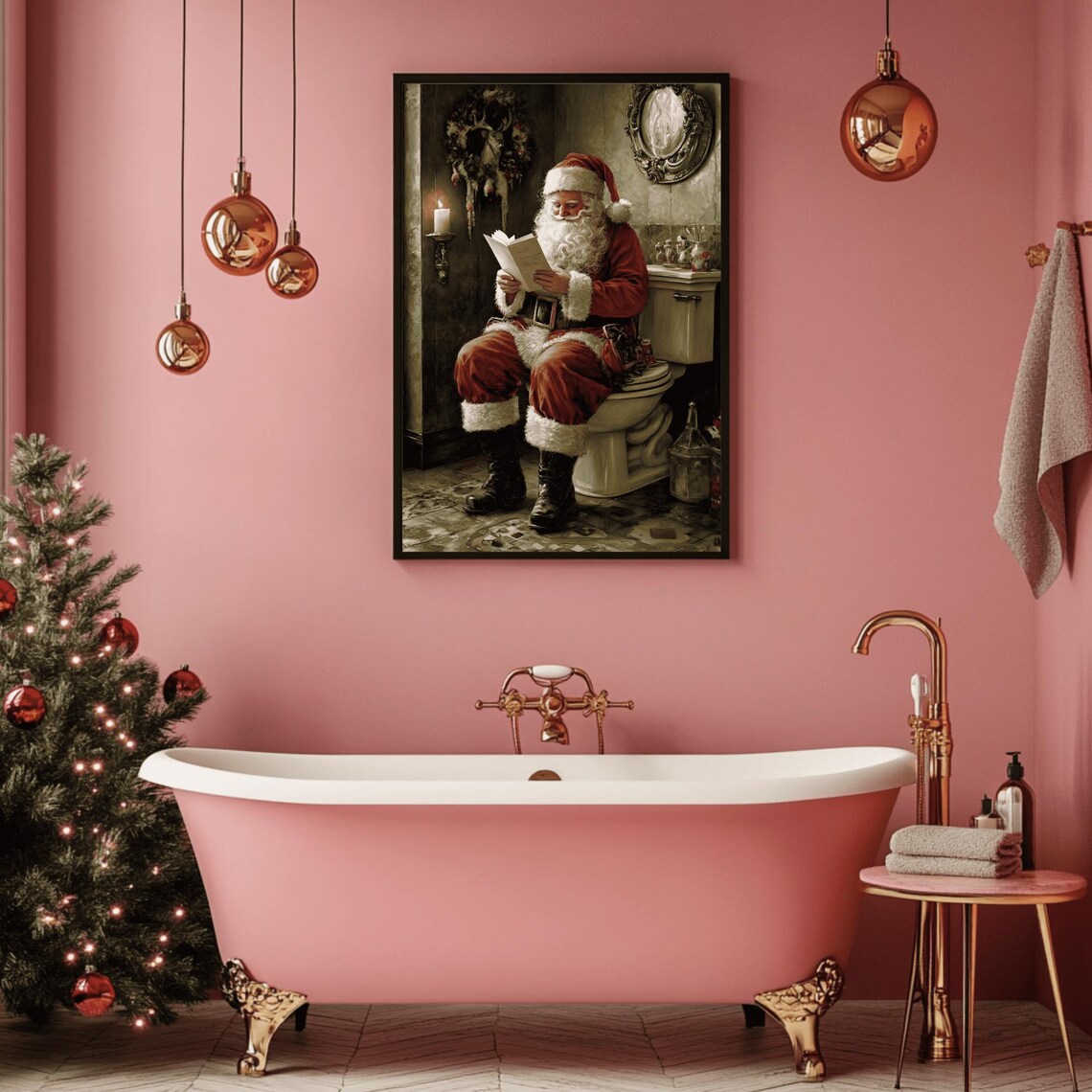 Santa Claus Reading on Toilet Vintage Oil Painting Funny Poster - Image 2