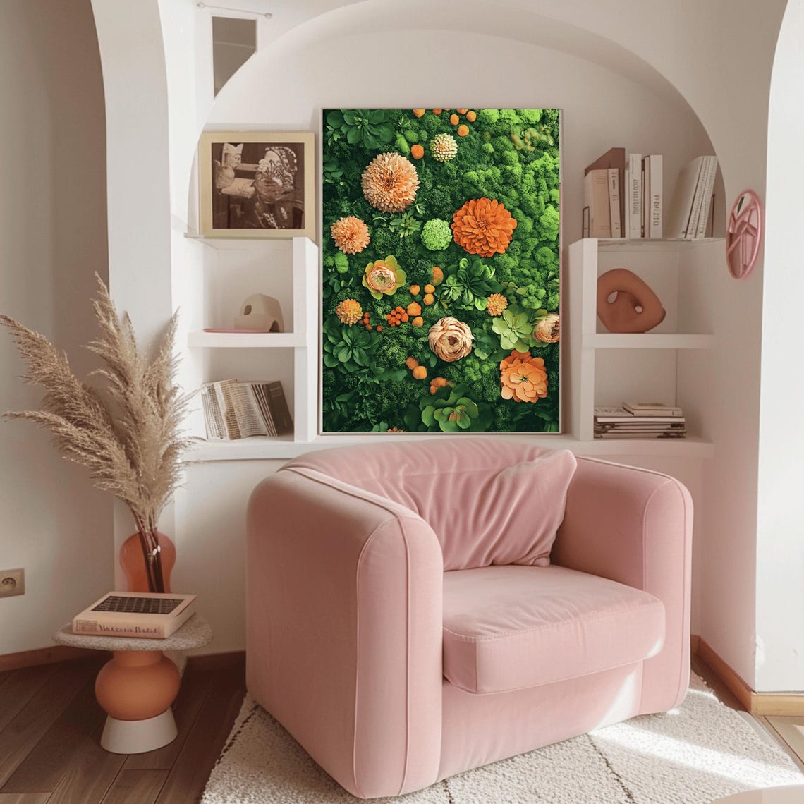 Peach Dahlia Pompoms and Succulents in Green Moss Botanical Poster - Image 3