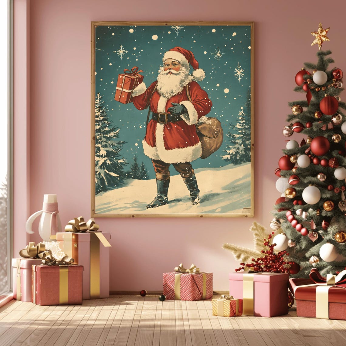 Vintage Santa Holding a Gift under a Starry Snowy Teal Night Art Print - Image 3