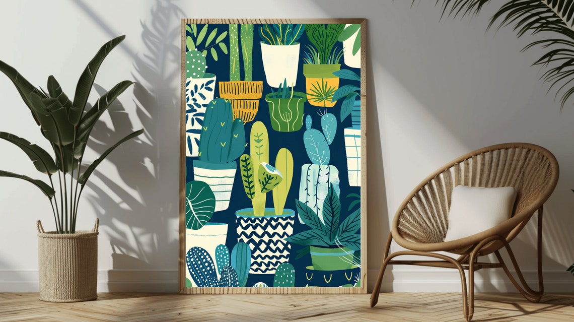 Potted Cactus Houseplants Pattern Navy Folk Art Kitchen Poster - Image 2