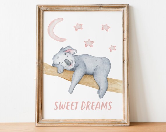 Sweet Dreams Watercolor Koala Baby Nursery Sleeping Decor Poster