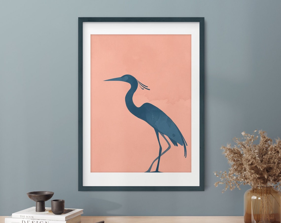 Navy Egret Heron Silhouette On Coral Minimalist Zen Bird Poster - Image 5