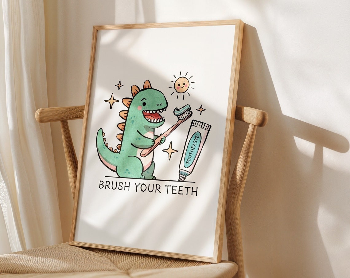 Brush Your Teeth Cute Dinosaur Toothbrush Kids Bathroom Art Poster - Image 3