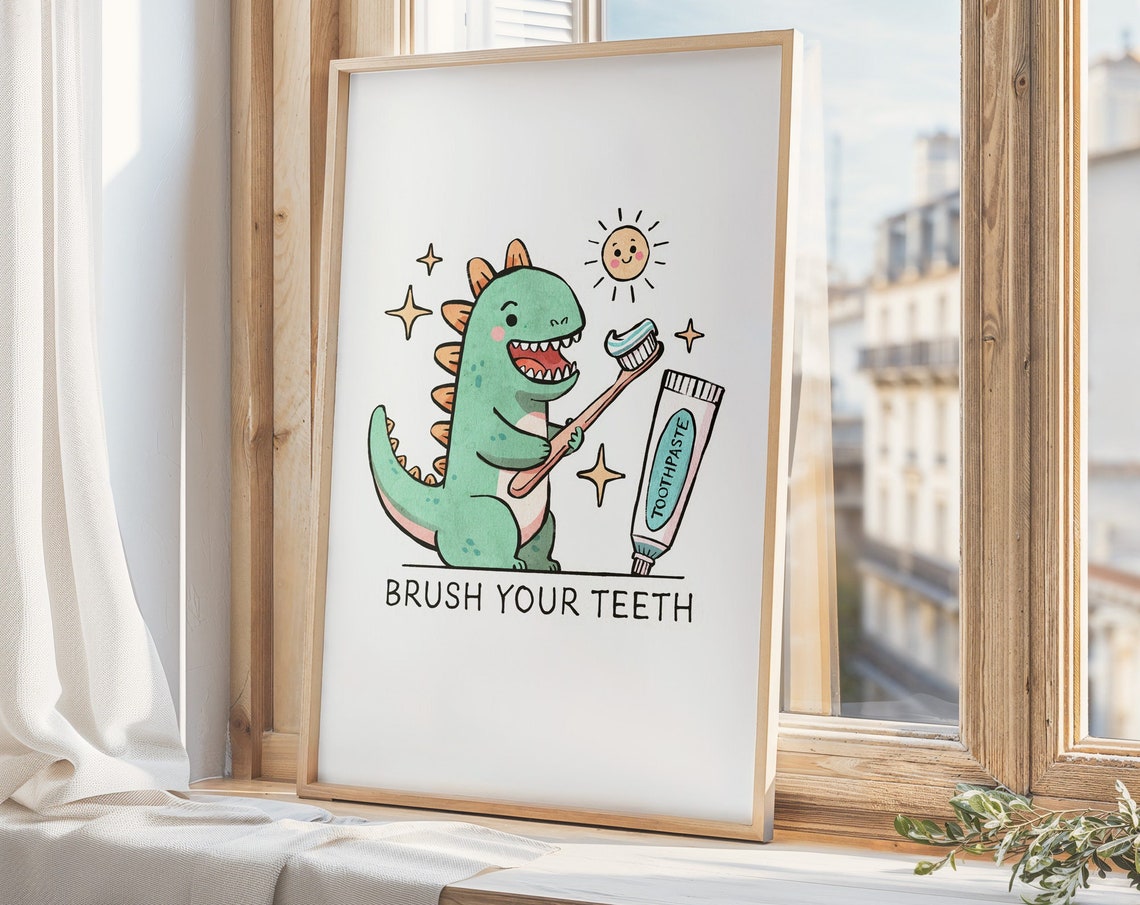 Brush Your Teeth Cute Dinosaur Toothbrush Kids Bathroom Art Poster