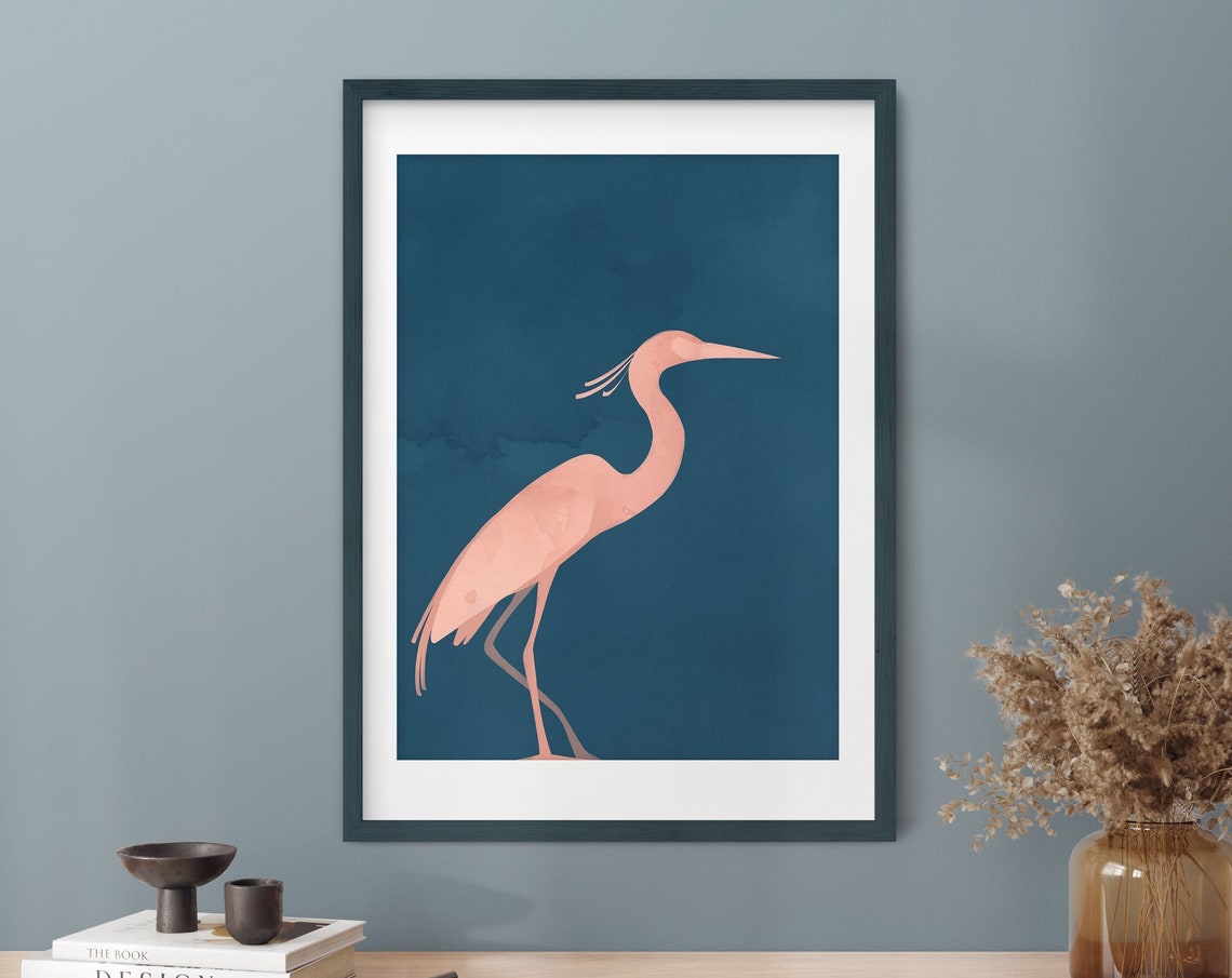 Coral Heron Silhouette On Navy Blue Minimalist Zen Bird Poster - Image 5