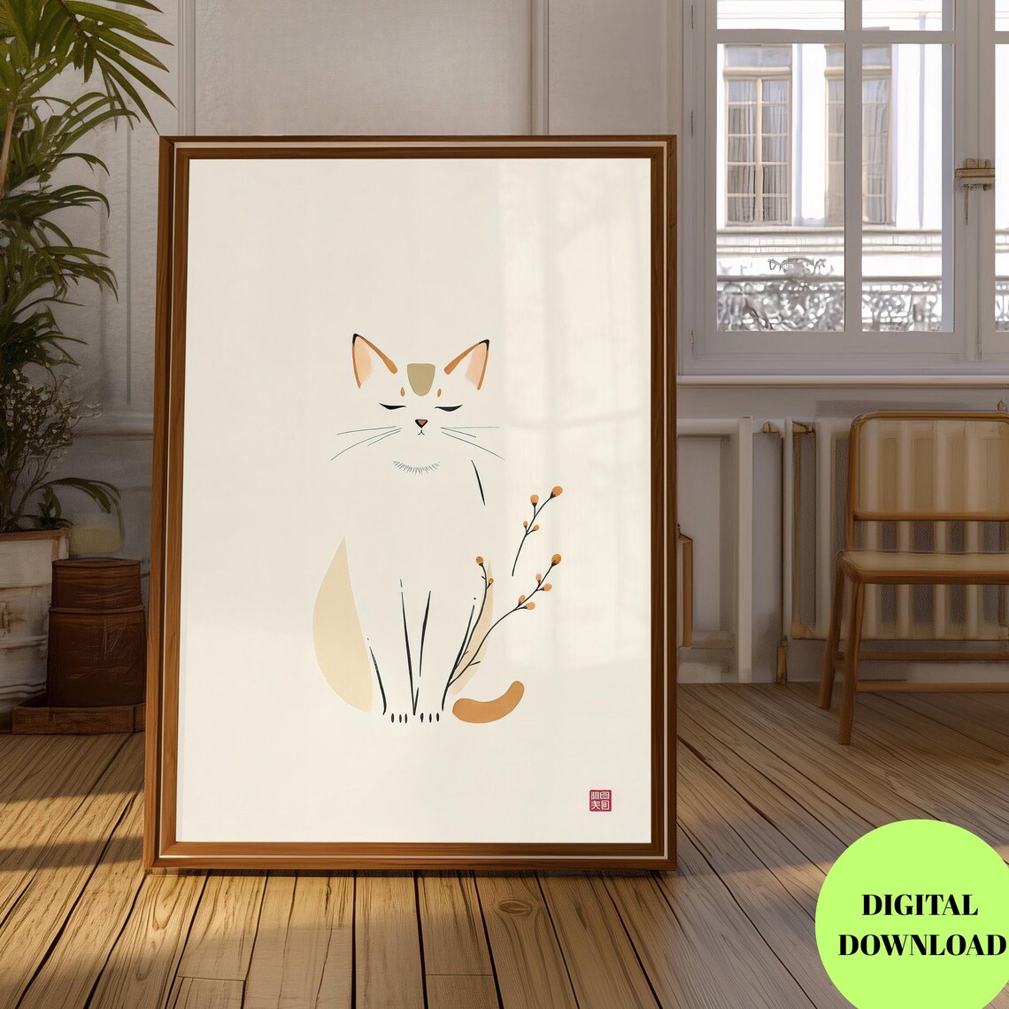 Japanese Zen Cat, Minimalist Relaxing Decor Art Print