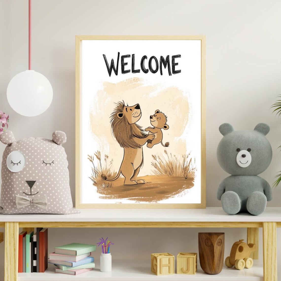 Welcome Lion and Cub Poster Safari Father Baby Lion Nursery Decor Art