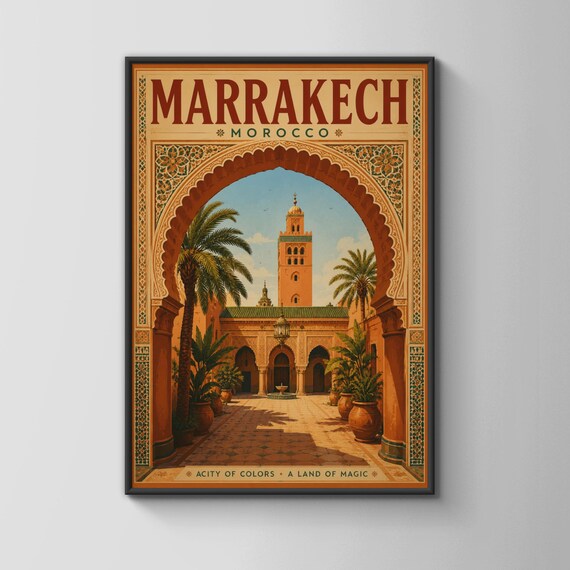 Marrakech Morocco Vintage Travel Poster Koutoubia Mosque Wall Art Print