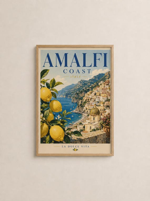 Amalfi Coast Lemon Print Vintage Italy Travel Poster Mediterranean Decor