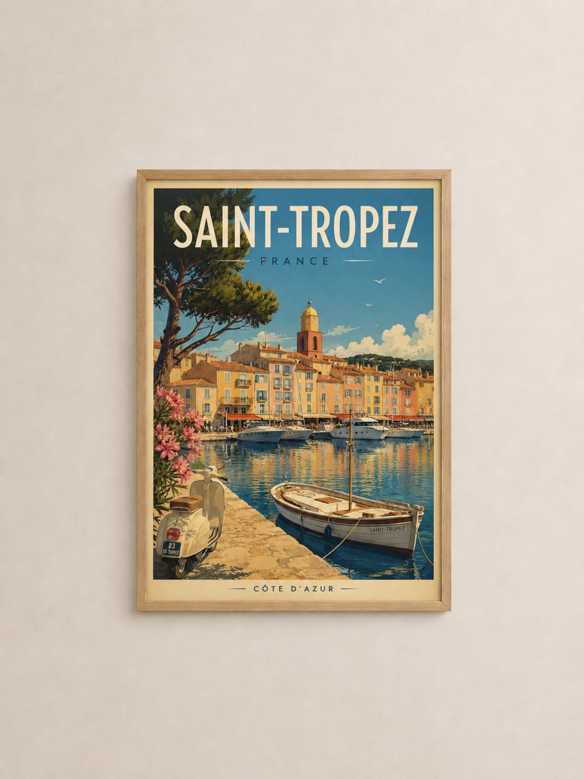 Saint Tropez Travel Poster France Harbor Vespa Boat Retro Cote dAzur