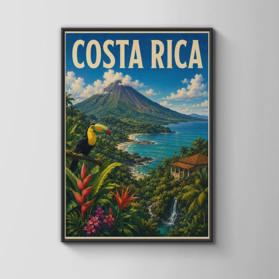 Costa Rica Vintage Travel Poster Toucan Volcano Tropical Wall Art Print
