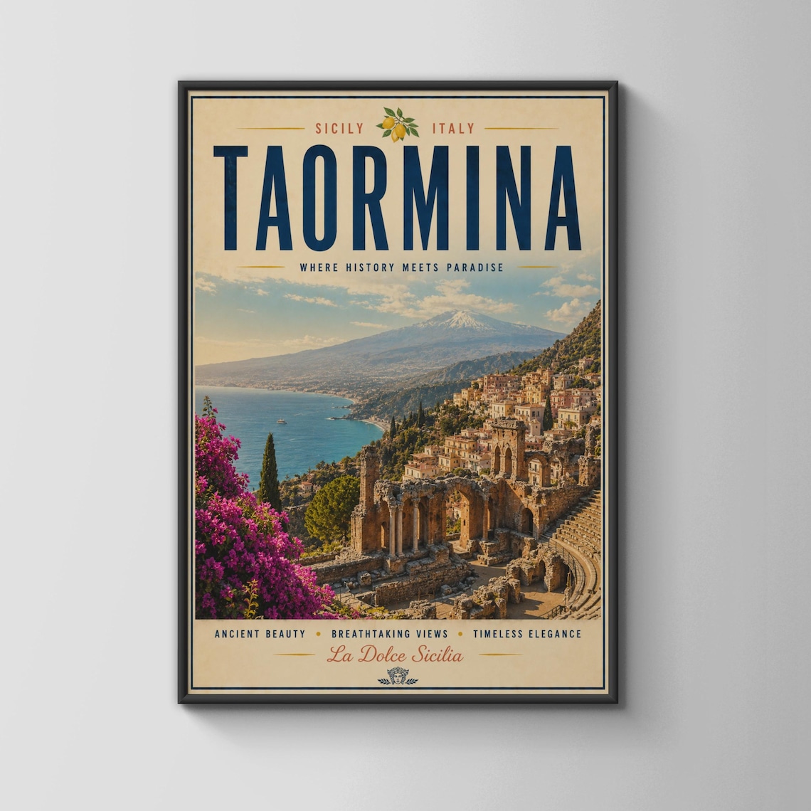Taormina Sicily Vintage Travel Poster, Italy Art Print