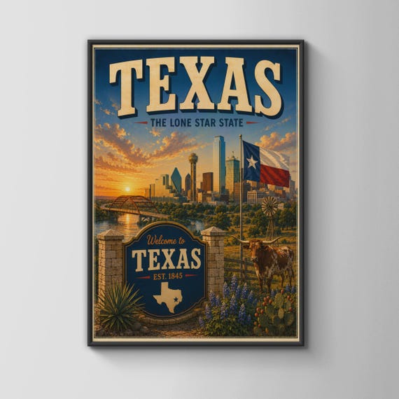 Texas Lone Star State Retro Travel Poster Dallas Skyline Wall Art Print