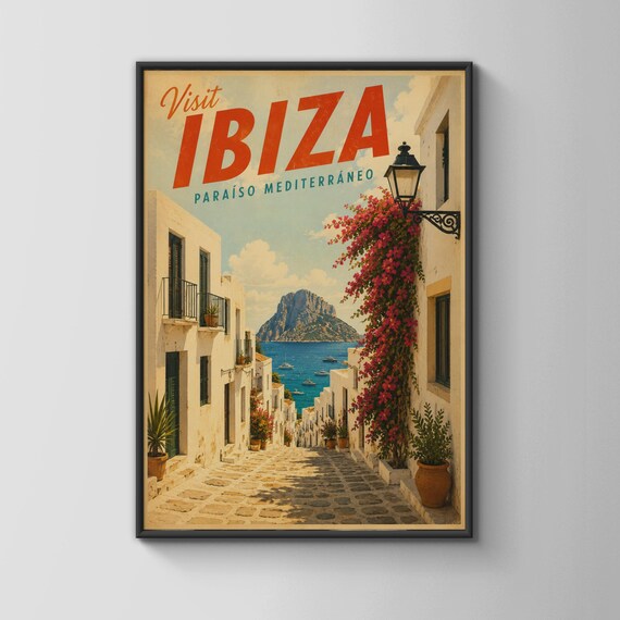 Visit Ibiza Mediterranean Paradise Vintage Coastal Travel Poster Retro Sun