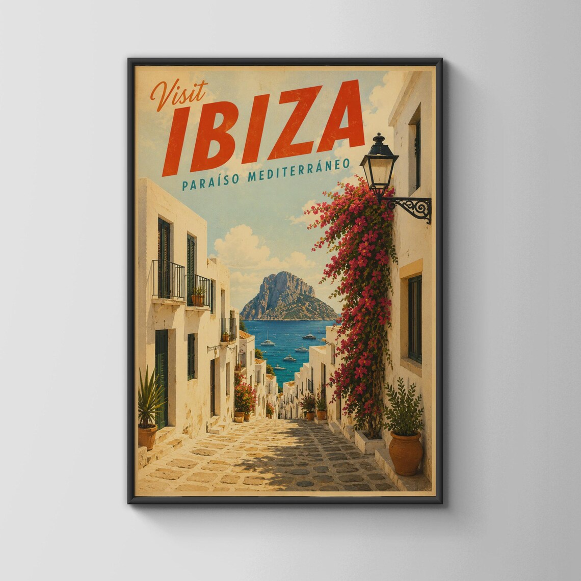 Visit Ibiza Mediterranean Paradise Vintage Coastal Travel Poster Retro Sun