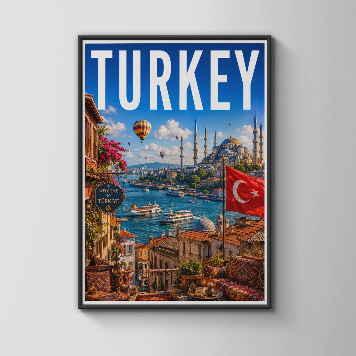 Turkey Istanbul Blue Mosque Hot Air Balloons Türkiye Travel Poster