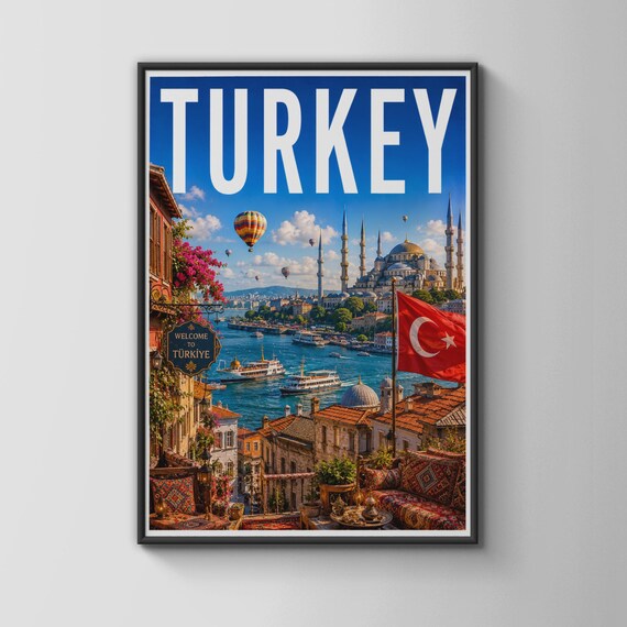 Turkey Istanbul Blue Mosque Hot Air Balloons Türkiye Travel Poster
