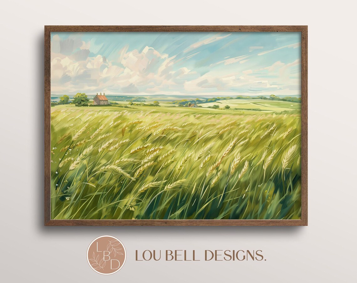 Windblown Wheat Field Country Farmhouse Big Sky Summer Landscape Poster