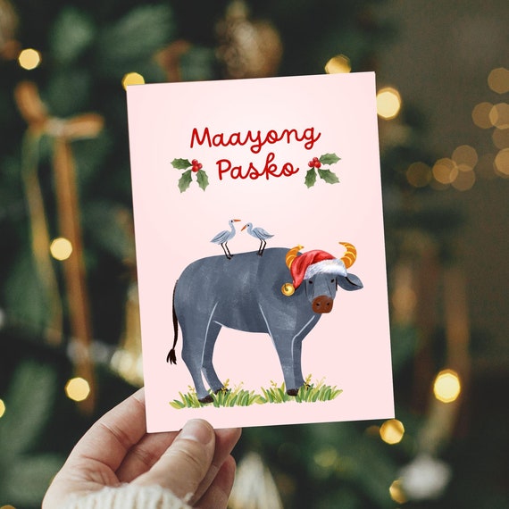 Filipino Christmas Card In Tagalog Cebuano Pangasinan And Baybayin Maligayang Pasko Cute Carabao Greeting Card