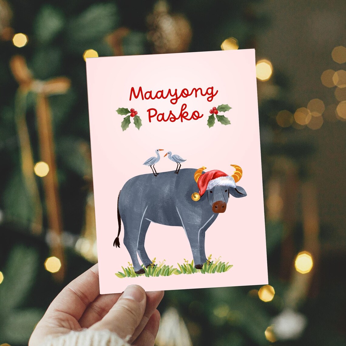 Maayong Pasko Filipino Christmas Card Carabao Santa Hat Holiday Print