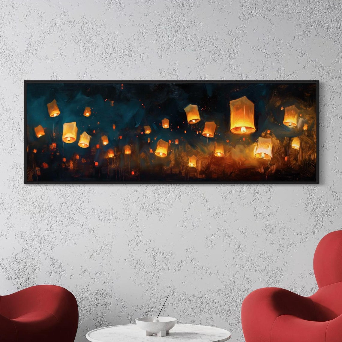 Abstract Floating Lanterns In Night Sky Enchanting Panoramic Print For Above Bed Decor Perfect Long Narrow Wall Art - Image 2