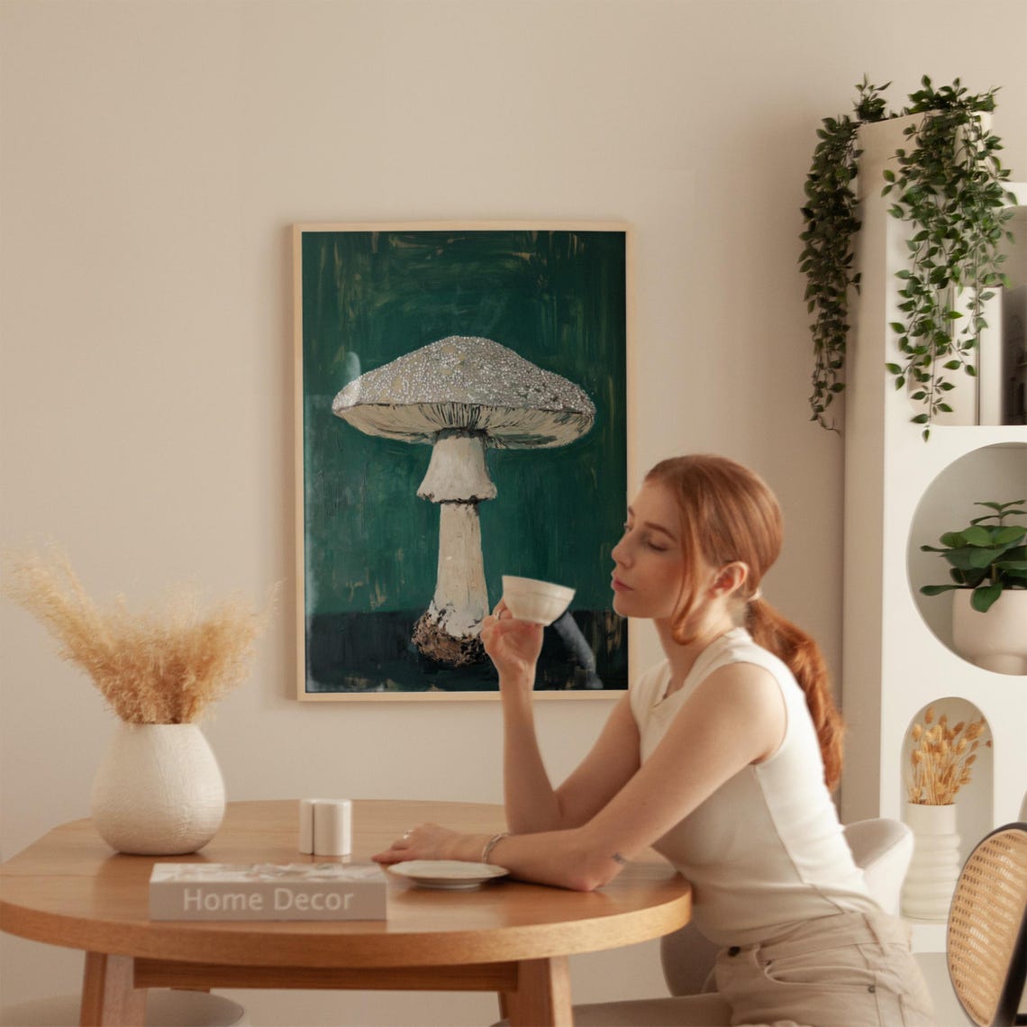 Textured Mushroom Botanical Painting on Emerald Green Poster - Image 4