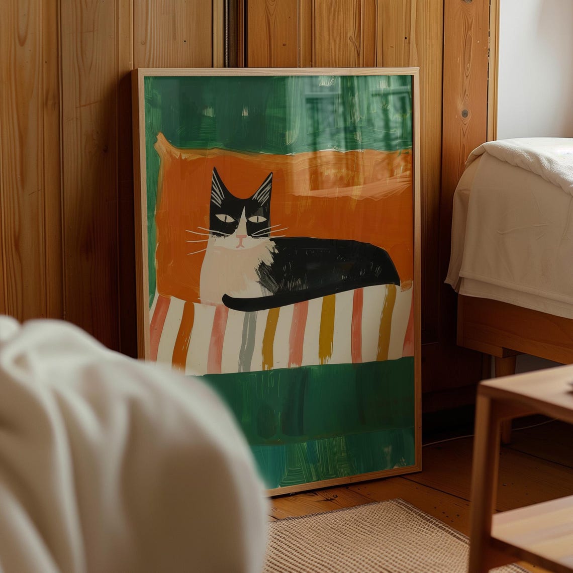 Black And White Cat Lounging Colorful Striped Blanket Bold Poster - Image 2