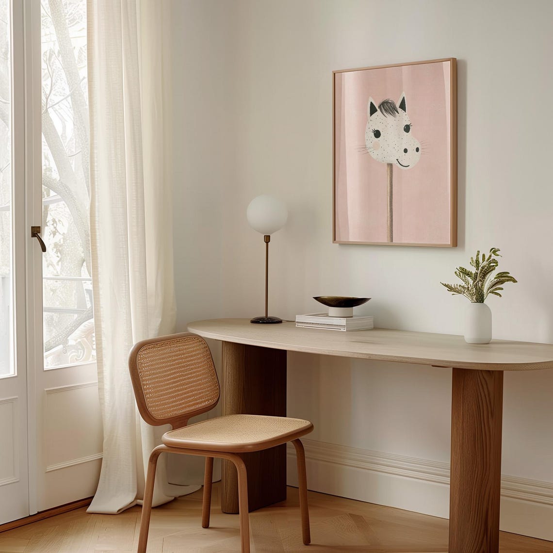 White Hobby Horse Head on Pink Cute Nursery Wall Decor Poster - Image 2