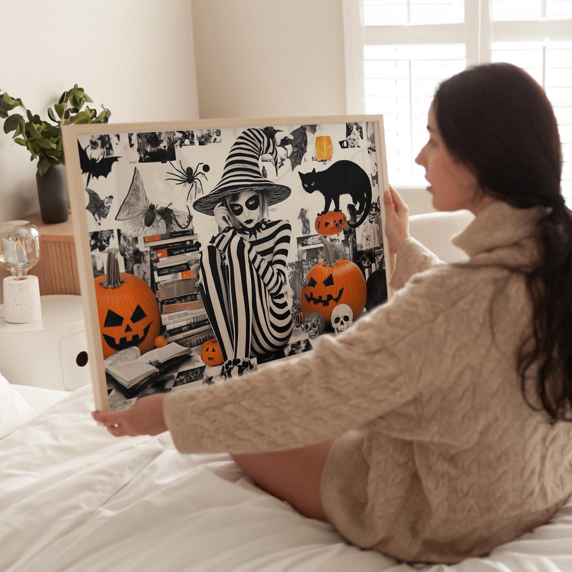 Striped Witch With Jack O Lanterns Halloween Collage Art Poster - Image 3