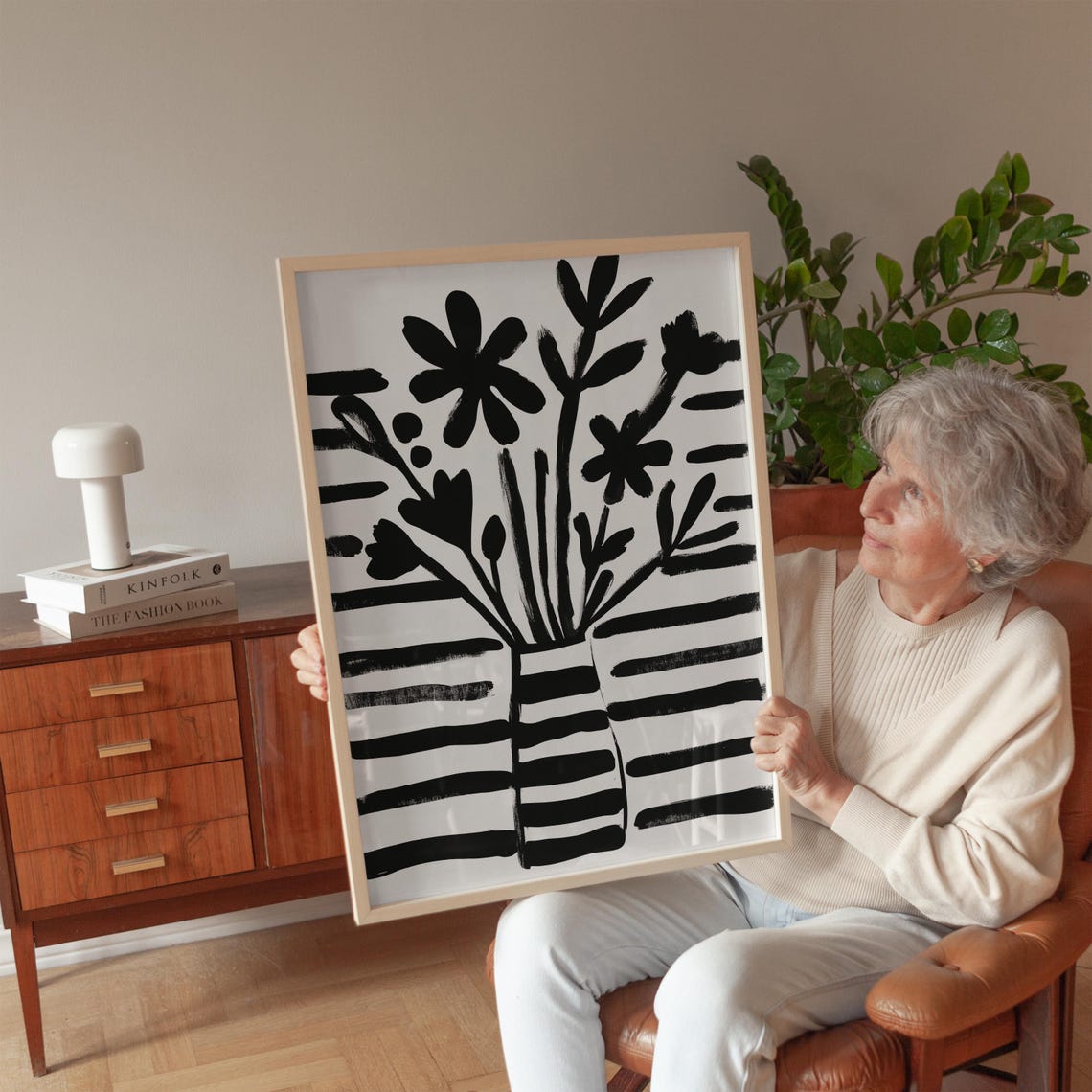 Black Brushstroke Flowers in Striped Vase Abstract Monochrome Poster - Image 2