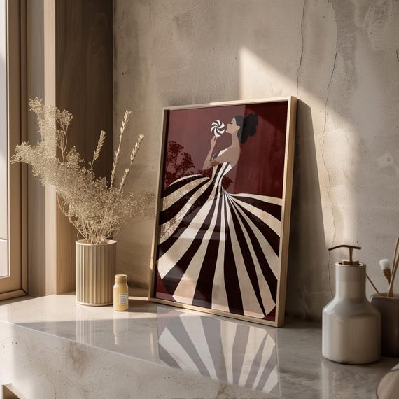 Woman With Lollipop Art Print Chocolate And Cream Striped Dress Whimsical Modern Decor Abstract Figurative Painting Wall Art