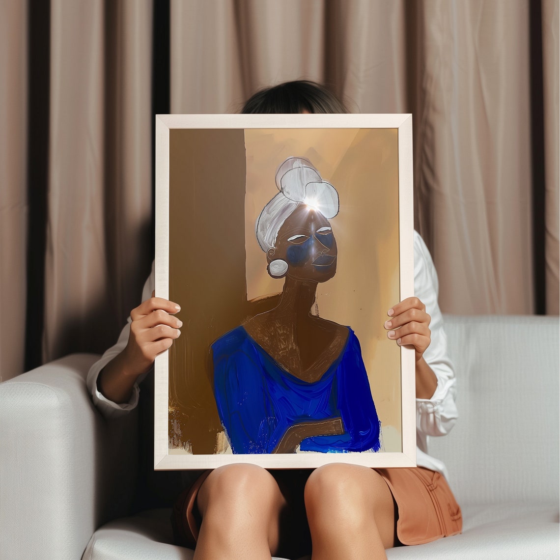 Abstract Woman Portrait In Electric Blue Dress Ochre Background Poster - Image 4