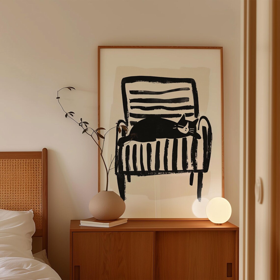 Black And White Cat On Striped Chair Minimal Ink Line Art Poster - Image 4