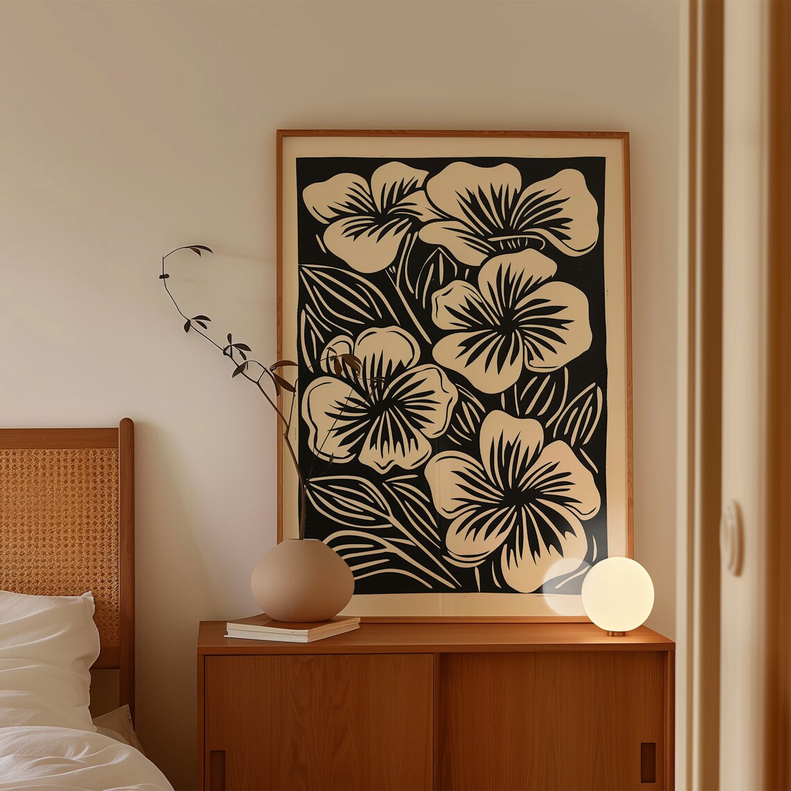 Black And White Hibiscus Linocut Botanical Floral Ink Poster - Image 4