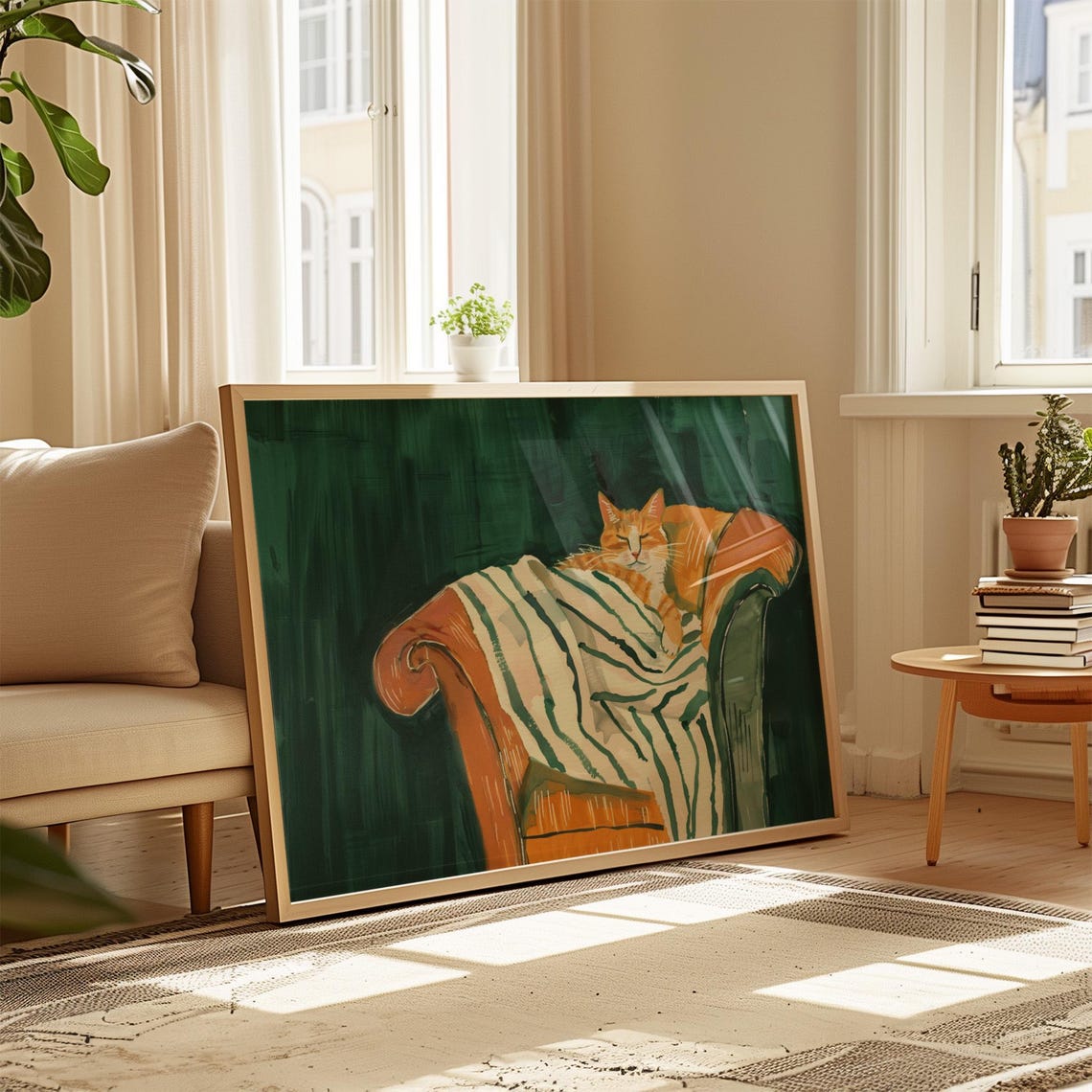 Sleeping Orange Cat Striped Blanket Couch Emerald Green Pet Art Poster - Image 2