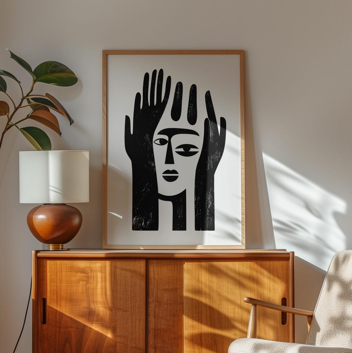 Abstract Face Between Two Hands Black White Bold Modern Poster - Image 3