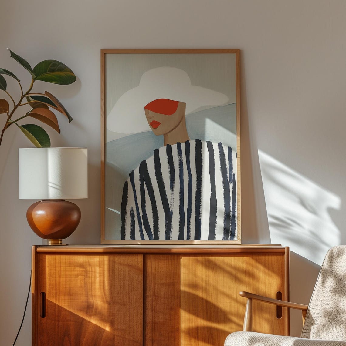 Woman in a White Hat with Striped Top and Red Accents Poster - Image 3