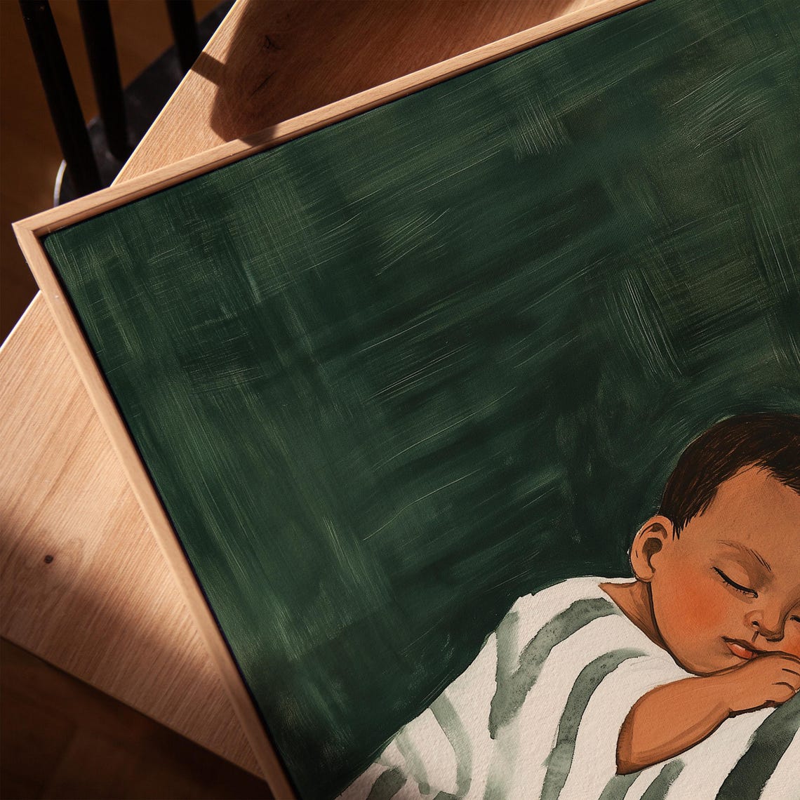 Newborn Baby Sleeping On Striped Blanket Dark Green Nursery Wall Art - Image 3