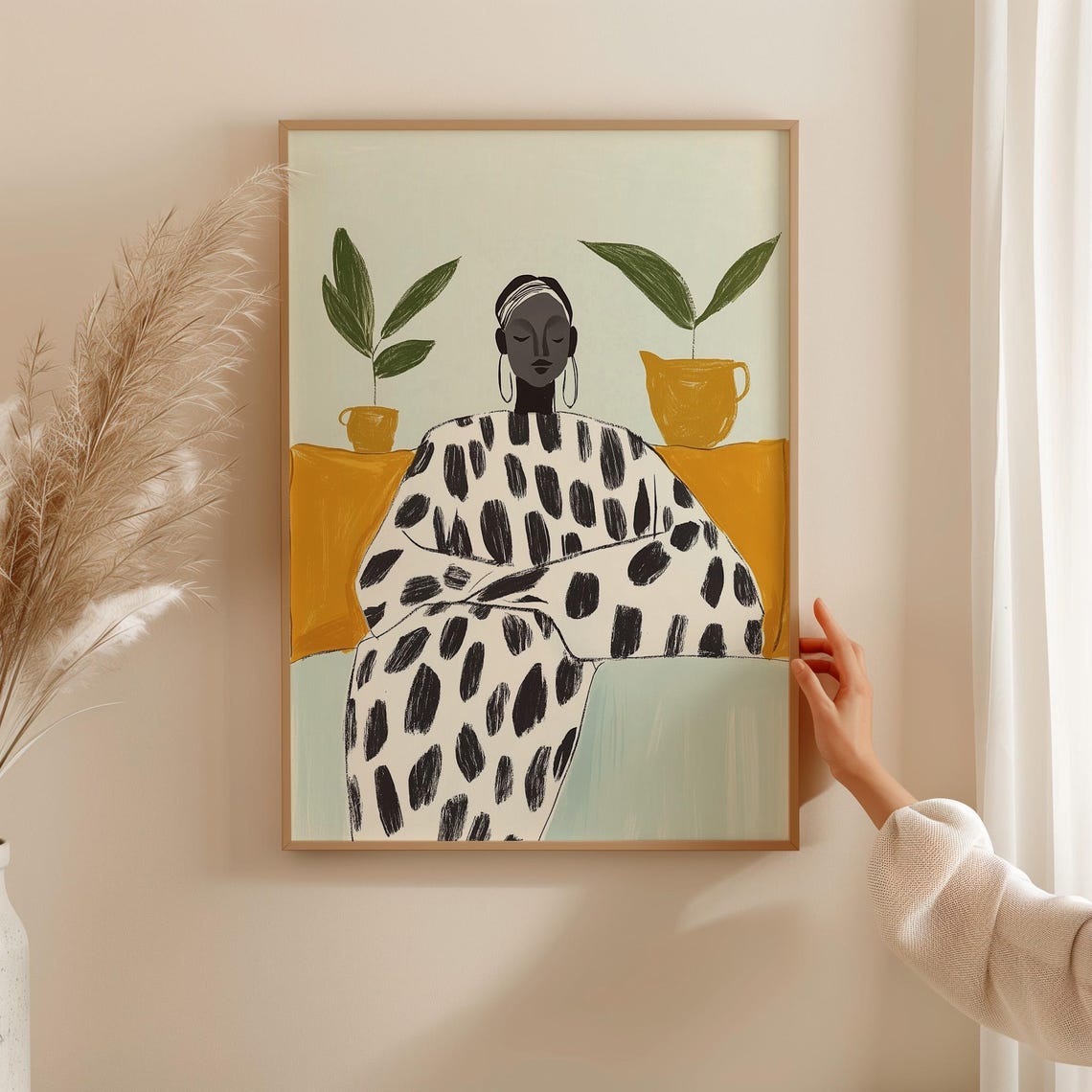Woman In Dotted Robe Seated With Plants In Mustard Tones Art Poster